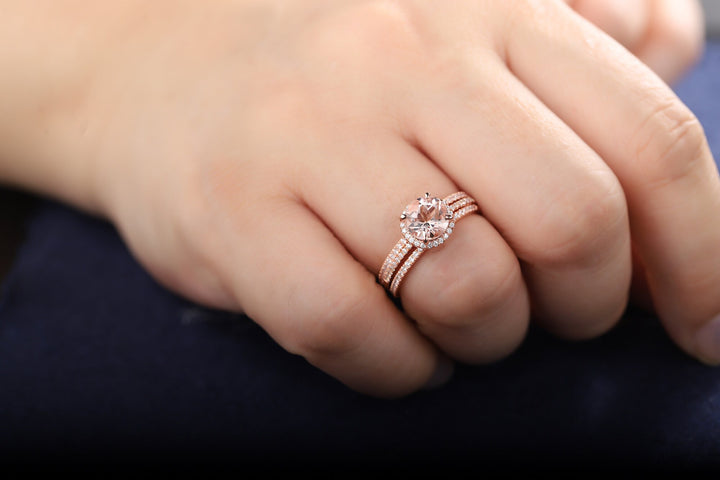 3PCS Natural Pink Morganite Engagement Ring Set, Round Cut Pink Morganite Wedding Bridal Set, 18k Rose Gold Promise Stackable Ring for Women - ShainJewelry