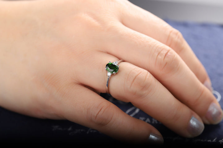 Natural Emerald Engagement Ring, Vintage Emerald Wedding Ring, Three Stone Ring, Oval Cut White Gold Promise Ring Sliver Anniversary Ring - ShainJewelry