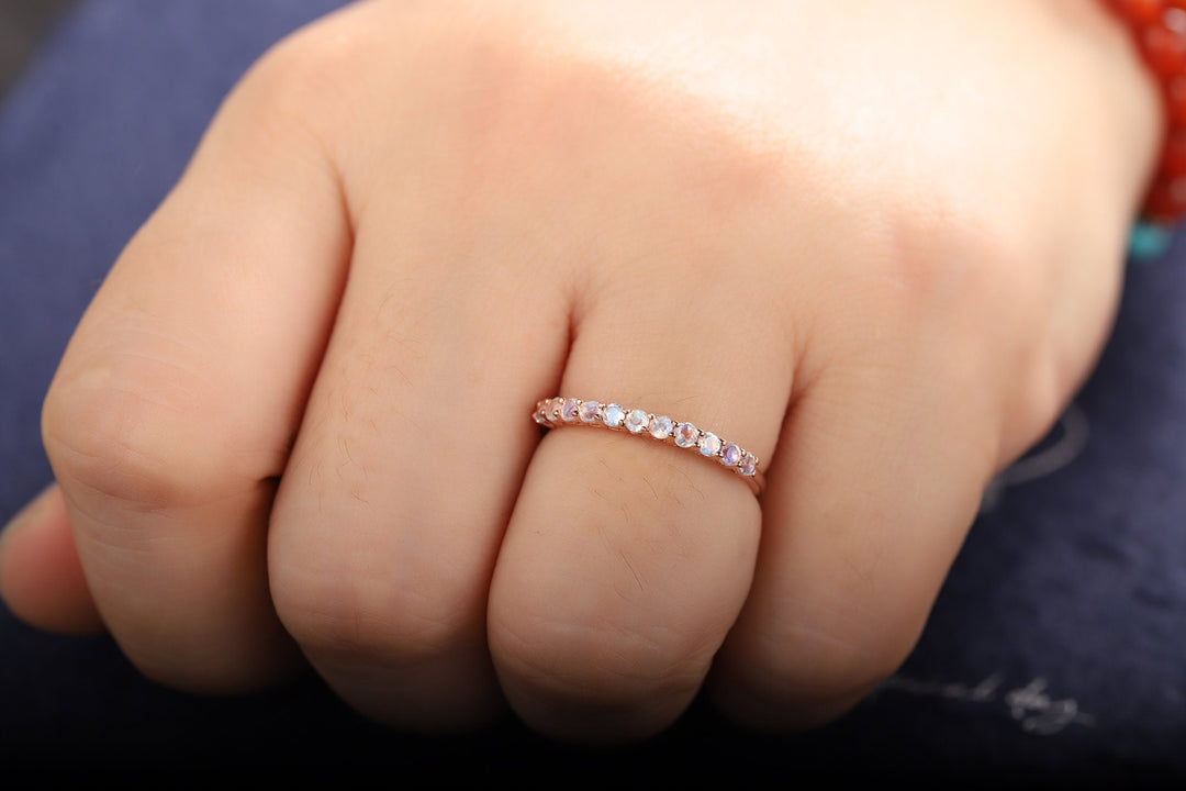 Moonstone Wedding Band, Half Eternity Moonstone Matching Band, Vintage 14K Rose Gold Moonstone Nesting Band Anniversary Ring for Women - ShainJewelry