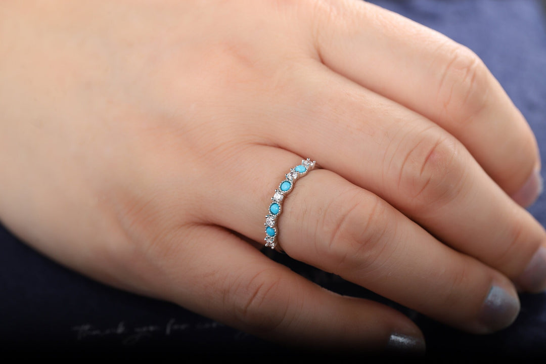 Natural Blue Turquoise Wedding Band, Engagement Promise Stackable Ring, Round Cut White Gold Matching Band, Anniversary Beautiful Ring Gift - ShainJewelry