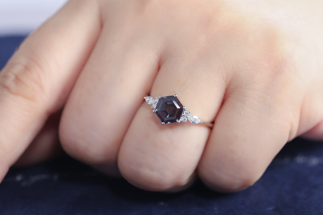 Platinum Hexagon Alexandrite Engagement Ring, Unique 14K White Gold Wedding Ring, Silver June Birthstone Anniversary Promise Ring For Women - ShainJewelry