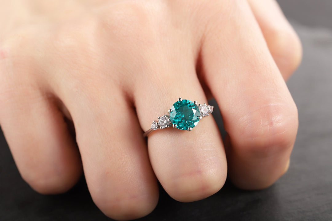 Platinum 3CT Neon Blue Paraiba Tourmaline Engagement Ring, Silver Green Bluish Tourmaline Wedding Ring, White Gold Promise Ring for Women - ShainJewelry