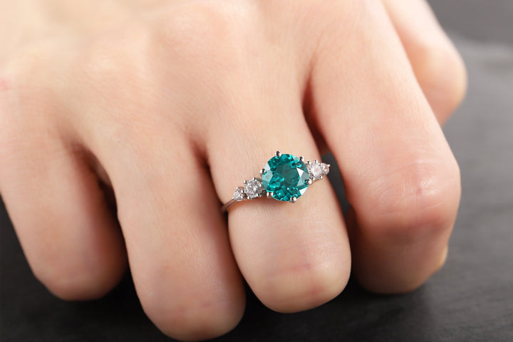 Platinum 3CT Neon Blue Paraiba Tourmaline Engagement Ring, Silver Green Bluish Tourmaline Wedding Ring, White Gold Promise Ring for Women - ShainJewelry