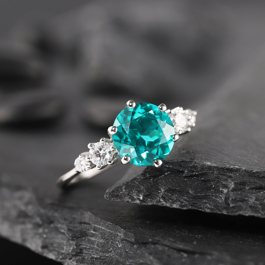 Platinum 3CT Neon Blue Paraiba Tourmaline Engagement Ring, Silver Green Bluish Tourmaline Wedding Ring, White Gold Promise Ring for Women - ShainJewelry