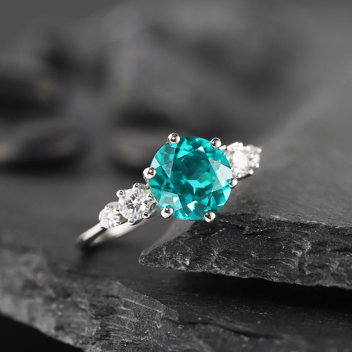 Platinum 3CT Neon Blue Paraiba Tourmaline Engagement Ring, Silver Green Bluish Tourmaline Wedding Ring, White Gold Promise Ring for Women - ShainJewelry