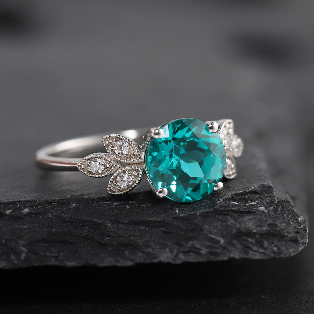 Vintage Paraiba Tourmaline Leaf Engagement Ring, Unique 3 Carats Greenish Blue Round Tourmaline Wedding Ring, Promise Ring Gift for Her - ShainJewelry