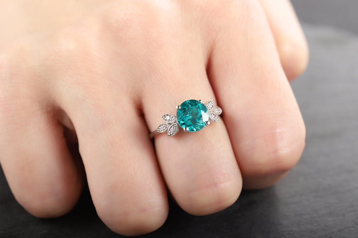 Vintage Paraiba Tourmaline Leaf Engagement Ring, Unique 3 Carats Greenish Blue Round Tourmaline Wedding Ring, Promise Ring Gift for Her - ShainJewelry