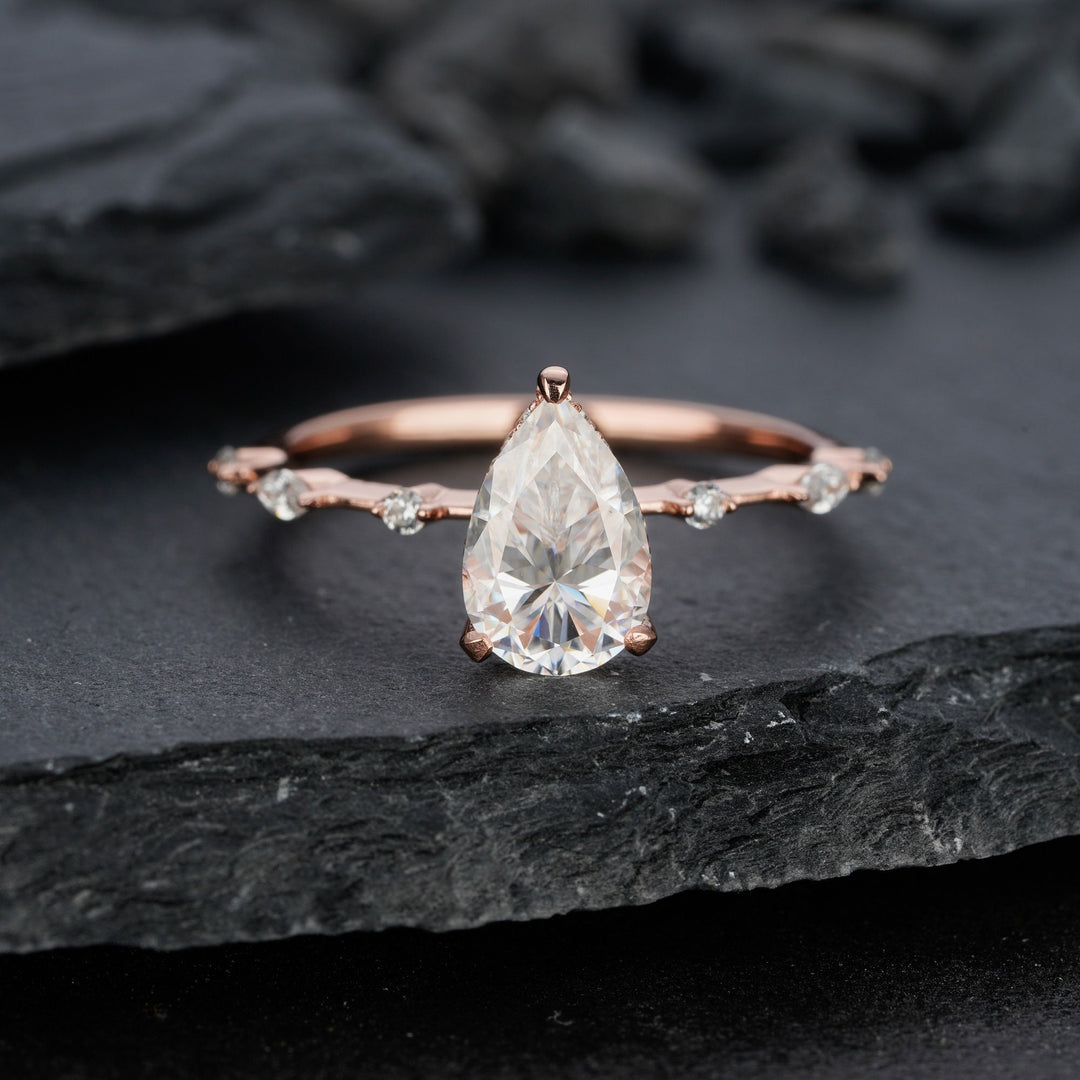 Vintage 2 Carats Pear Shaped Moissanite Engagement Ring, Rose Gold Moissanite Hidden Halo Wedding Ring, Teardrop Moissanite Promise Ring - ShainJewelry