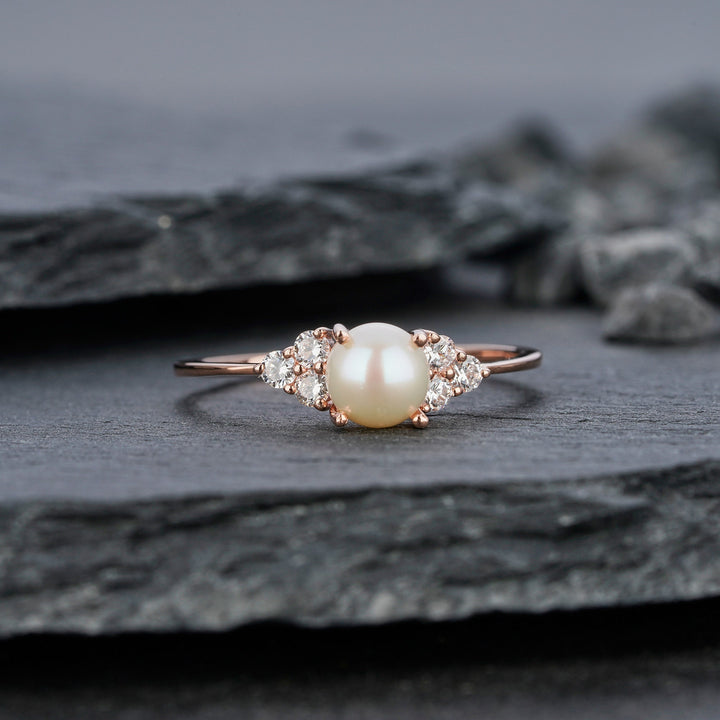 Vintage Seawater Pearl Engagement Ring, 14K Rose Gold June Birthstone Promise Wedding Anniversary Ring, Mother of Pearl Ring Women Gift - ShainJewelry