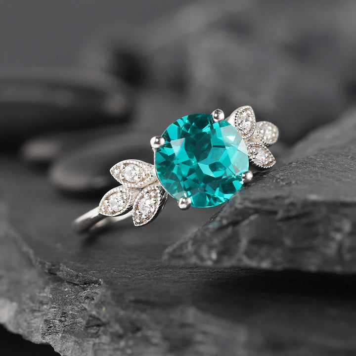 Vintage Paraiba Tourmaline Leaf Engagement Ring, Unique 3 Carats Greenish Blue Round Tourmaline Wedding Ring, Promise Ring Gift for Her - ShainJewelry
