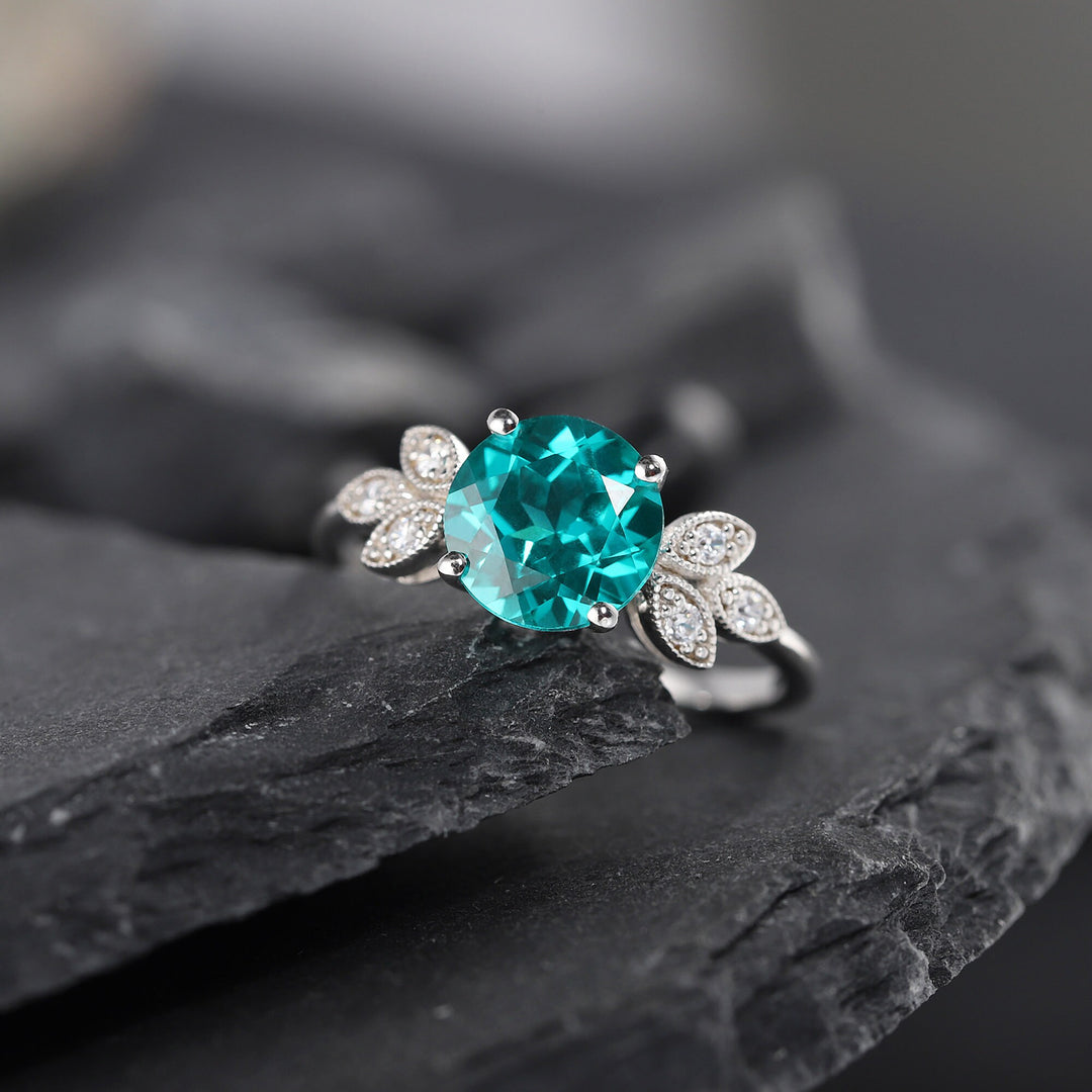 Vintage Paraiba Tourmaline Leaf Engagement Ring, Unique 3 Carats Greenish Blue Round Tourmaline Wedding Ring, Promise Ring Gift for Her - ShainJewelry