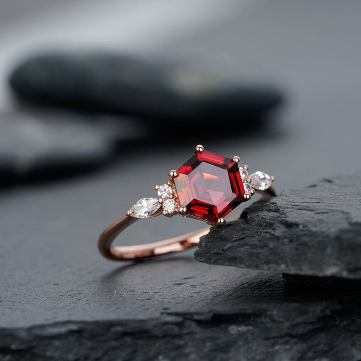 Hexagon Red Garnet Engagement Ring, Vintage Garnet and Diamond Ring 14K Rose Gold Garnet Ring,Dainty Garnet Anniversary Promise Ring for Her - ShainJewelry