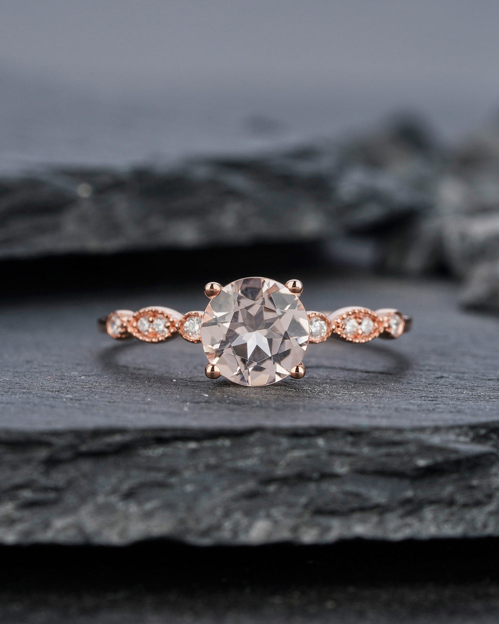 Unique Natural Peach Morganite Engagement Ring, Vintage Round Pink Morganite Wedding Ring, Genuine Morganite Rose Gold Promise Ring Gift - ShainJewelry