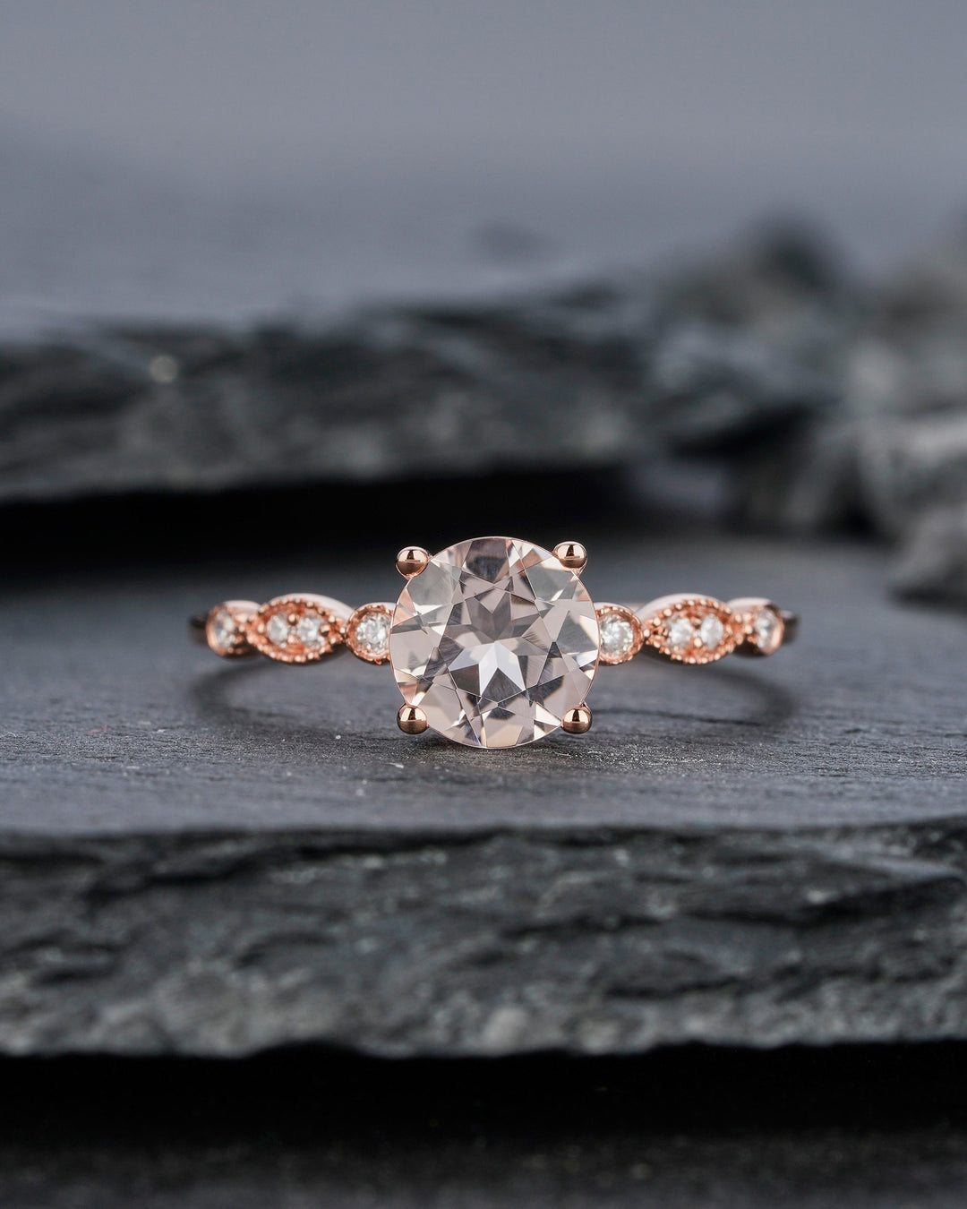 Unique Natural Peach Morganite Engagement Ring, Vintage Round Pink Morganite Wedding Ring, Genuine Morganite Rose Gold Promise Ring Gift - ShainJewelry