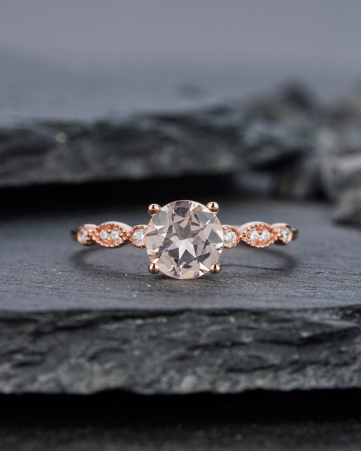 Unique Natural Peach Morganite Engagement Ring, Vintage Round Pink Morganite Wedding Ring, Genuine Morganite Rose Gold Promise Ring Gift - ShainJewelry