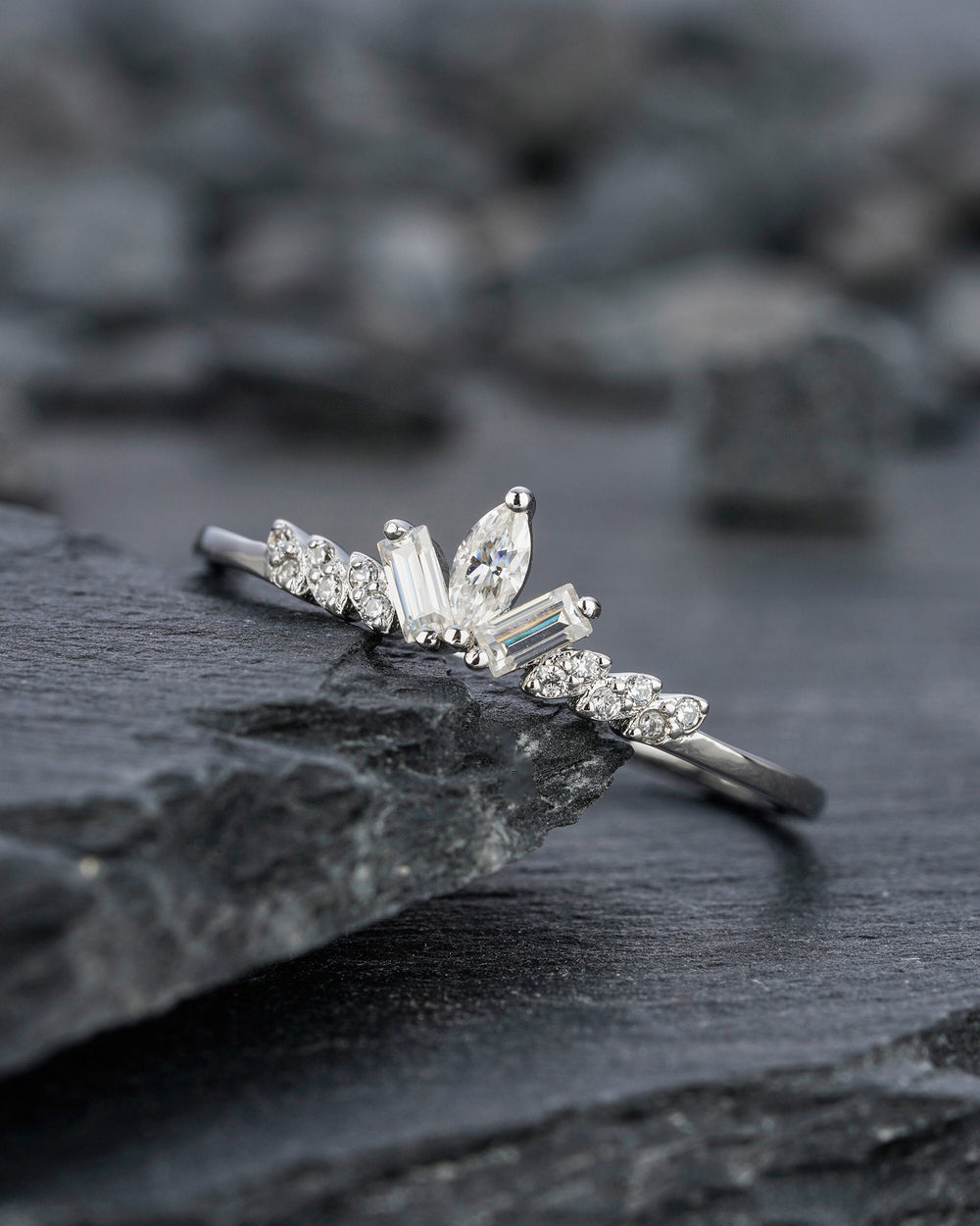 Unique Marquise Moissanite Cluster Wedding Band Baguette Cut Engagement Promise Matching Band Stackable White Gold Anniversary Ring Enhancer - ShainJewelry