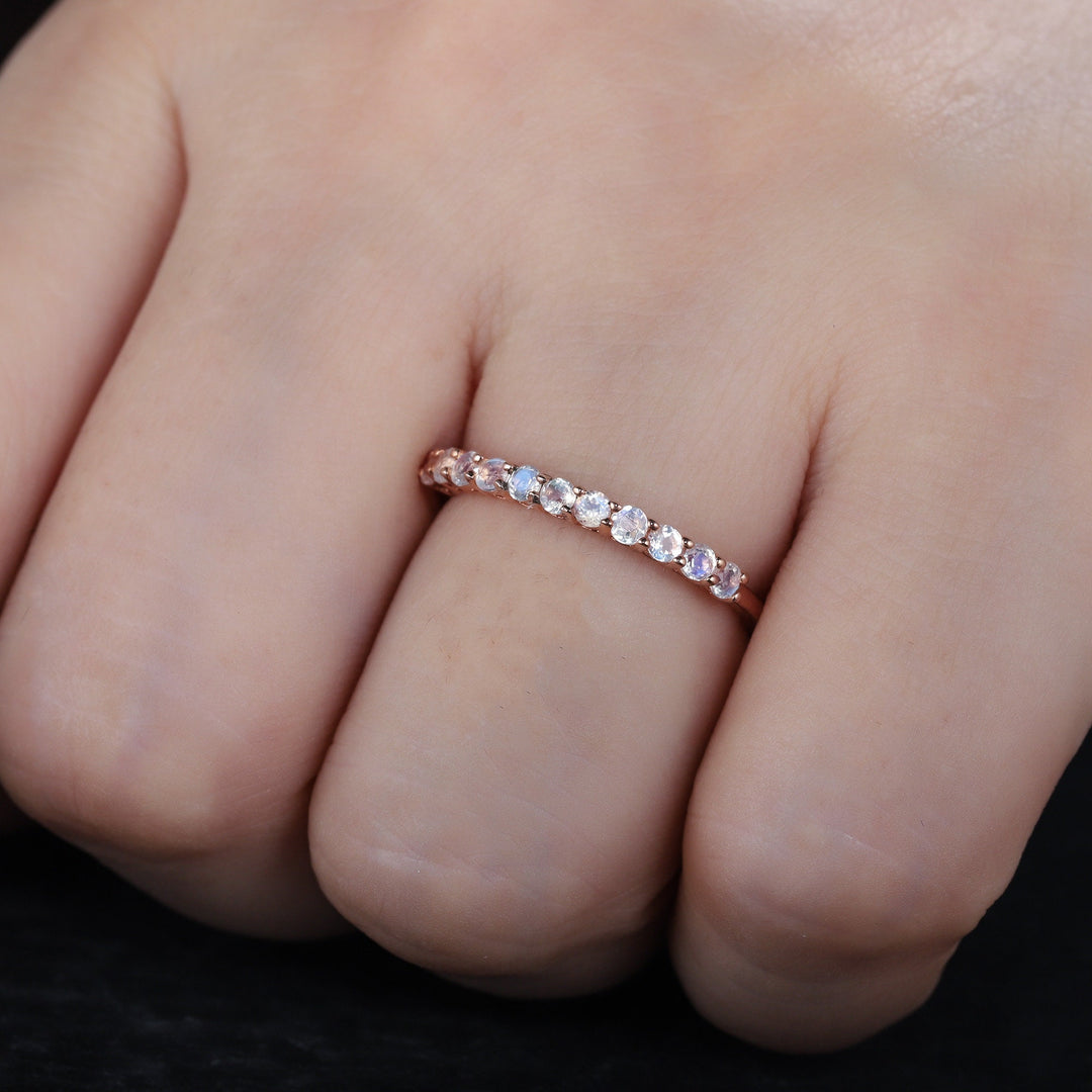 Moonstone Wedding Band, Half Eternity Moonstone Matching Band, Vintage 14K Rose Gold Moonstone Nesting Band Anniversary Ring for Women - ShainJewelry