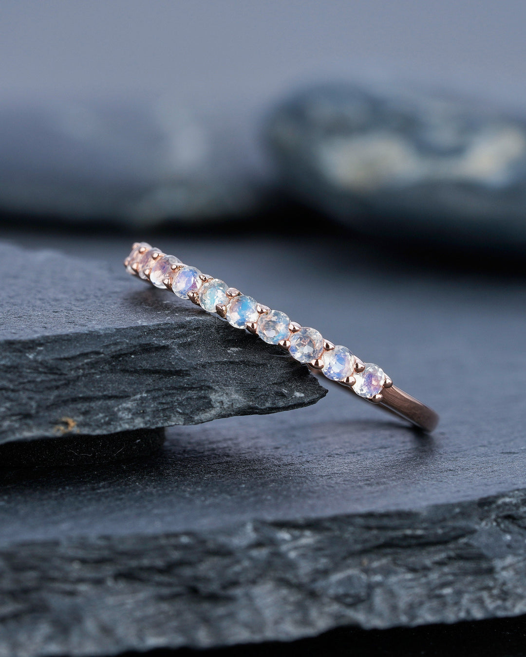Moonstone Wedding Band, Half Eternity Moonstone Matching Band, Vintage 14K Rose Gold Moonstone Nesting Band Anniversary Ring for Women - ShainJewelry