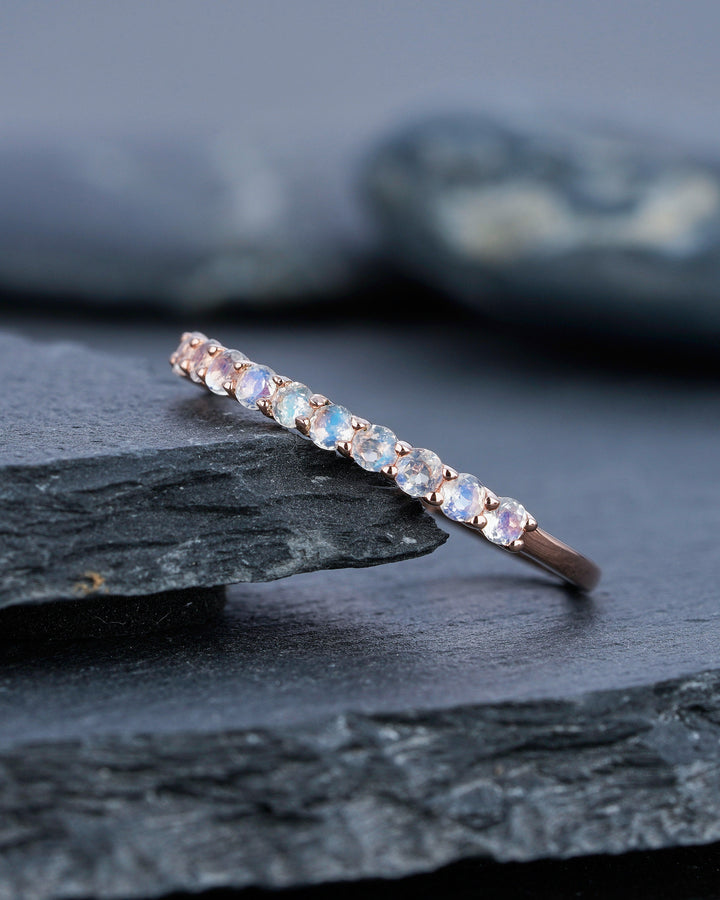 Moonstone Wedding Band, Half Eternity Moonstone Matching Band, Vintage 14K Rose Gold Moonstone Nesting Band Anniversary Ring for Women - ShainJewelry