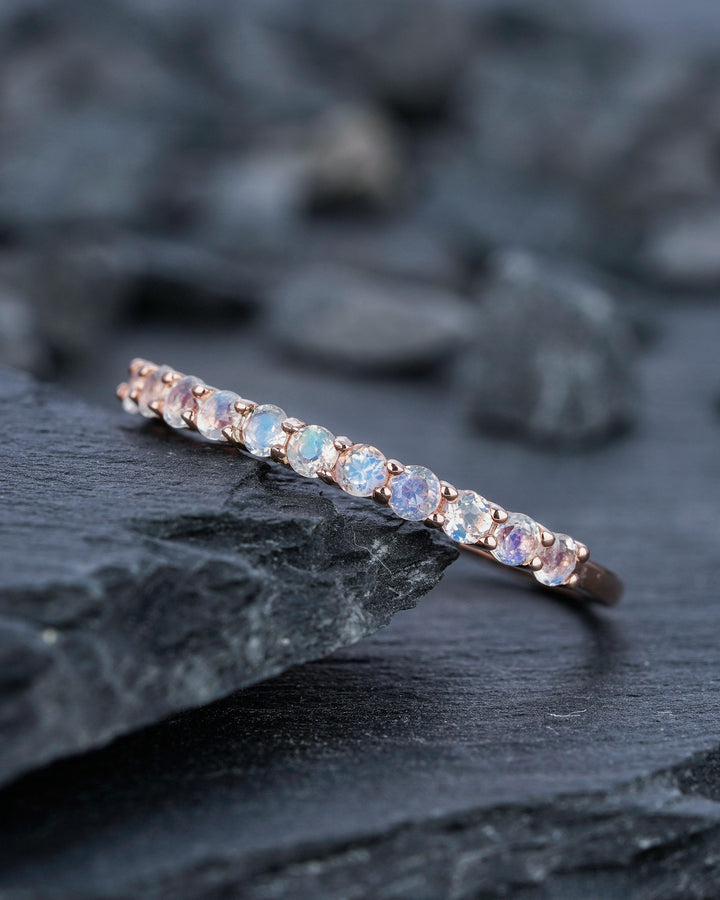 Moonstone Wedding Band, Half Eternity Moonstone Matching Band, Vintage 14K Rose Gold Moonstone Nesting Band Anniversary Ring for Women - ShainJewelry