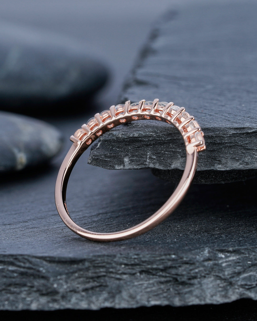 Moonstone Wedding Band, Half Eternity Moonstone Matching Band, Vintage 14K Rose Gold Moonstone Nesting Band Anniversary Ring for Women - ShainJewelry