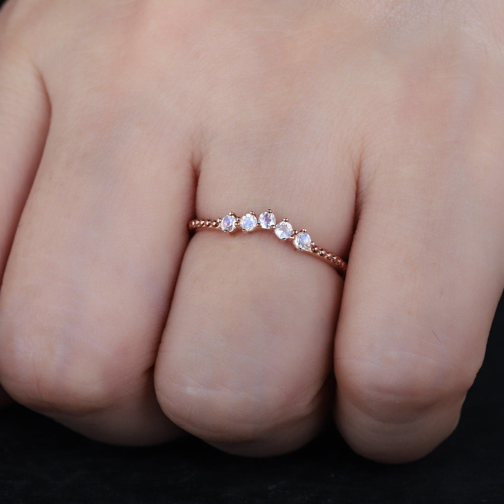 Milgrain V Shaped Moonstone Wedding Band, 14K Rose Gold Stackable Enhancer Nesting Band, Vintage Matching Band for Women, Anniversary Ring - ShainJewelry