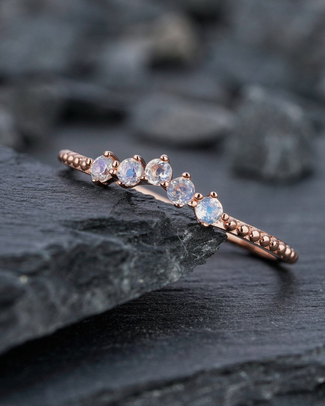 Milgrain V Shaped Moonstone Wedding Band, 14K Rose Gold Stackable Enhancer Nesting Band, Vintage Matching Band for Women, Anniversary Ring - ShainJewelry