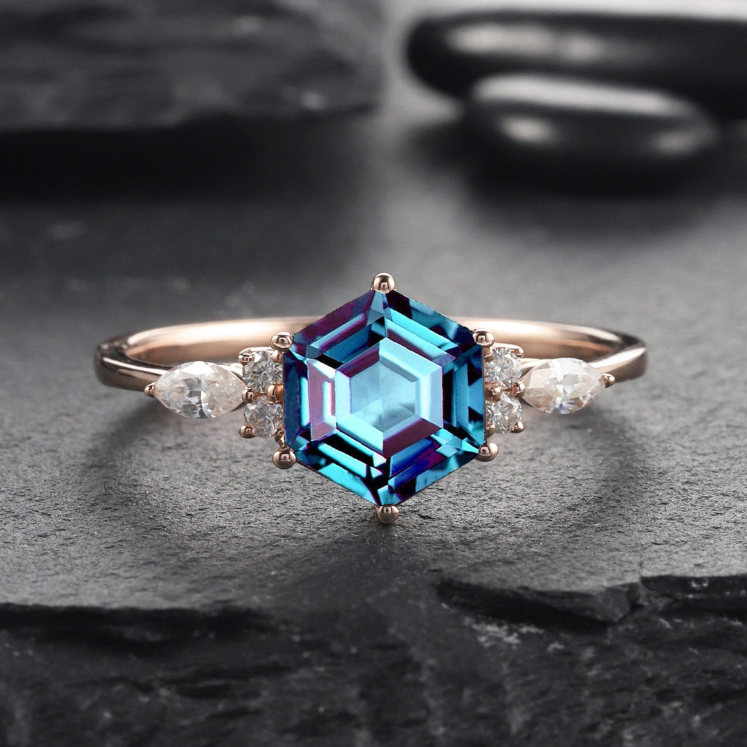 Platinum Hexagon Alexandrite Engagement Ring, Unique 14K White Gold Wedding Ring, Silver June Birthstone Anniversary Promise Ring For Women - ShainJewelry