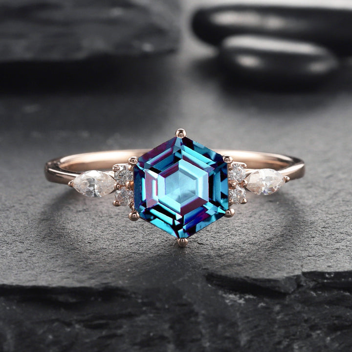 Platinum Hexagon Alexandrite Engagement Ring, Unique 14K White Gold Wedding Ring, Silver June Birthstone Anniversary Promise Ring For Women - ShainJewelry