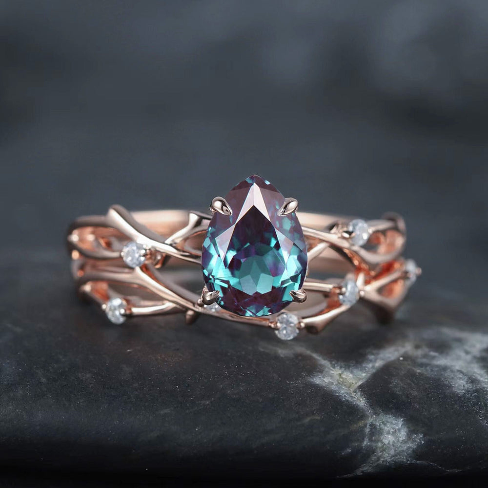 Vintage Pear Cut Alexandrite Diamond Engagement Ring Set 14K Rose Gold Moissanite Branch Twisted Promise Wedding Rings Bridal Set For Women - ShainJewelry