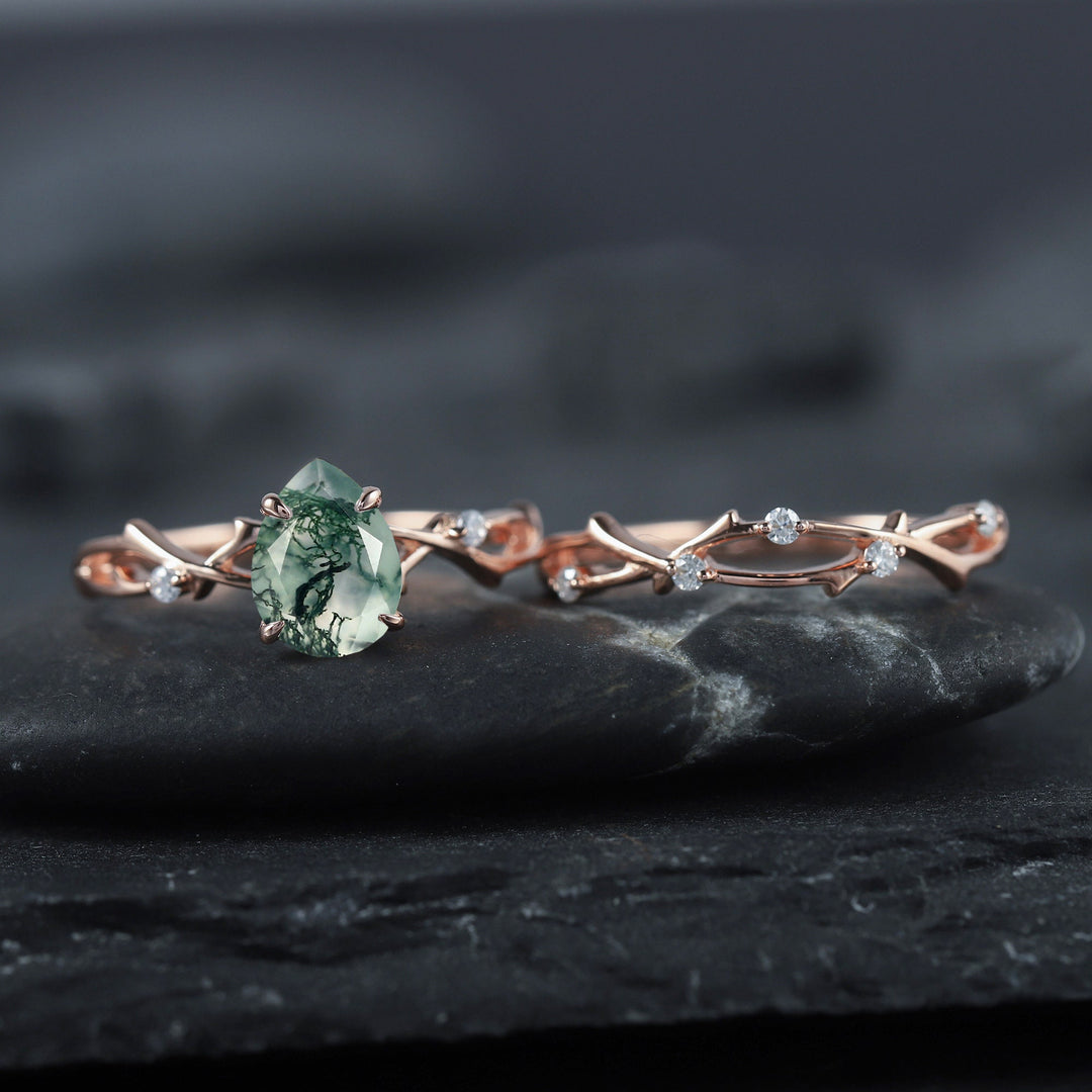 Vintage Pear Cut Moss Agate Diamond Engagement Ring Set 14K Rose Gold Moissanite Branch Twig Promise Wedding Rings Bridal Set For Women - ShainJewelry