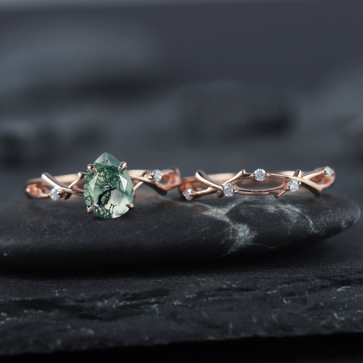 Vintage Pear Cut Moss Agate Diamond Engagement Ring Set 14K Rose Gold Moissanite Branch Twig Promise Wedding Rings Bridal Set For Women - ShainJewelry