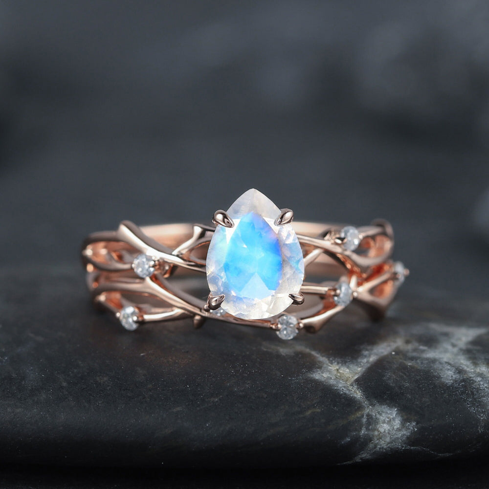 Vintage Pear Cut Natural Moonstone Diamond Engagement Ring Set 14K Rose Gold Moissanite Branch Promise Wedding Rings Bridal Set For Women - ShainJewelry