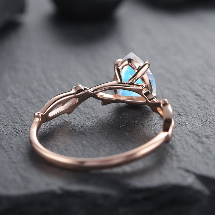 Vintage 1 CT Pear Cut Natural Moonstone Diamond Engagement Ring 14K Rose Gold Moissanite Branch Promise Wedding Twig Branch Ring For Women - ShainJewelry