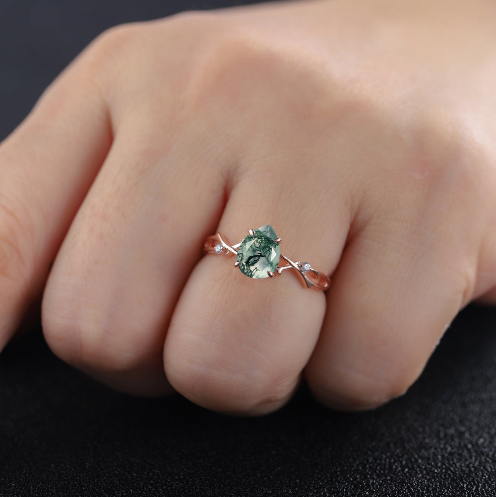 Vintage 1 Carat Pear Cut Moss Agate and Diamond Engagement Ring 14K Rose Gold Moissanite Branch Twig Promise Wedding Ring For Women - ShainJewelry