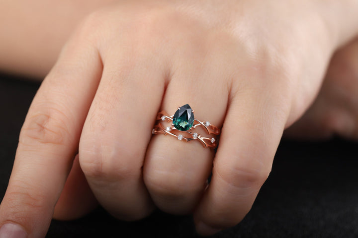 Vintage Pear Cut Teal Sapphire and Diamond Engagement Ring Set 18K Rose Gold Moissanite Branch Twisted Wedding Ring Bridal Set For Women - ShainJewelry