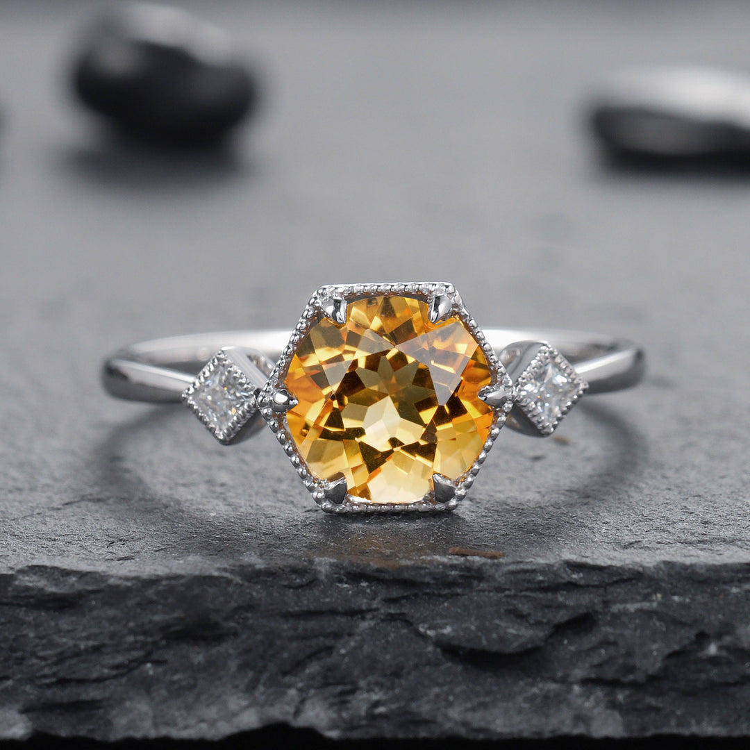 Vintage Hexagonal Citrine Engagement Ring, 14K Yellow Gold November Birthstone Silver Promise Wedding Ring Anniversary Gift for Mom Women - ShainJewelry