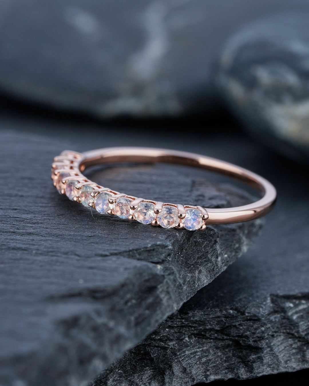Moonstone Wedding Band, Half Eternity Moonstone Matching Band, Vintage 14K Rose Gold Moonstone Nesting Band Anniversary Ring for Women - ShainJewelry