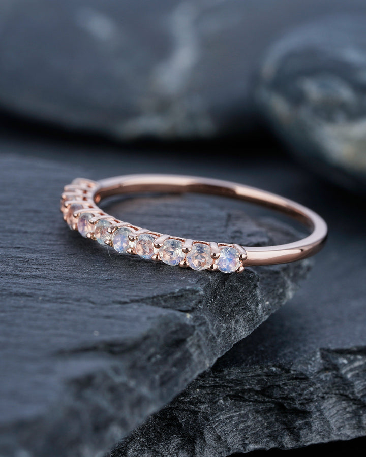 Moonstone Wedding Band, Half Eternity Moonstone Matching Band, Vintage 14K Rose Gold Moonstone Nesting Band Anniversary Ring for Women - ShainJewelry