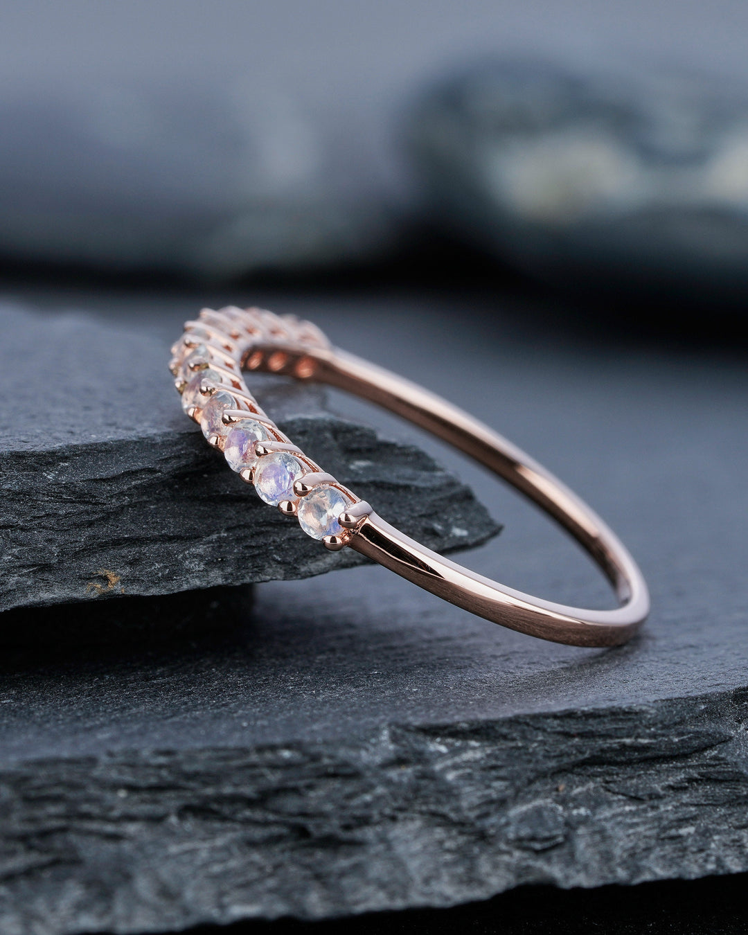 Moonstone Wedding Band, Half Eternity Moonstone Matching Band, Vintage 14K Rose Gold Moonstone Nesting Band Anniversary Ring for Women - ShainJewelry