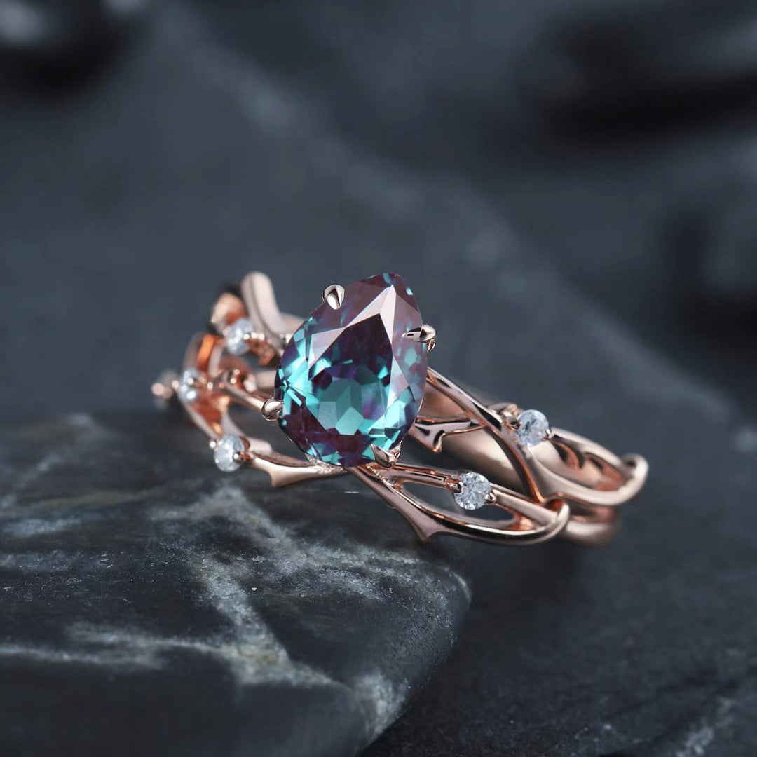 Vintage Pear Cut Alexandrite Diamond Engagement Ring Set 14K Rose Gold Moissanite Branch Twisted Promise Wedding Rings Bridal Set For Women - ShainJewelry