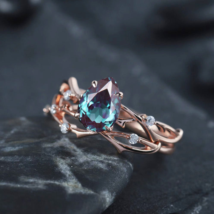 Vintage Pear Cut Alexandrite Diamond Engagement Ring Set 14K Rose Gold Moissanite Branch Twisted Promise Wedding Rings Bridal Set For Women - ShainJewelry