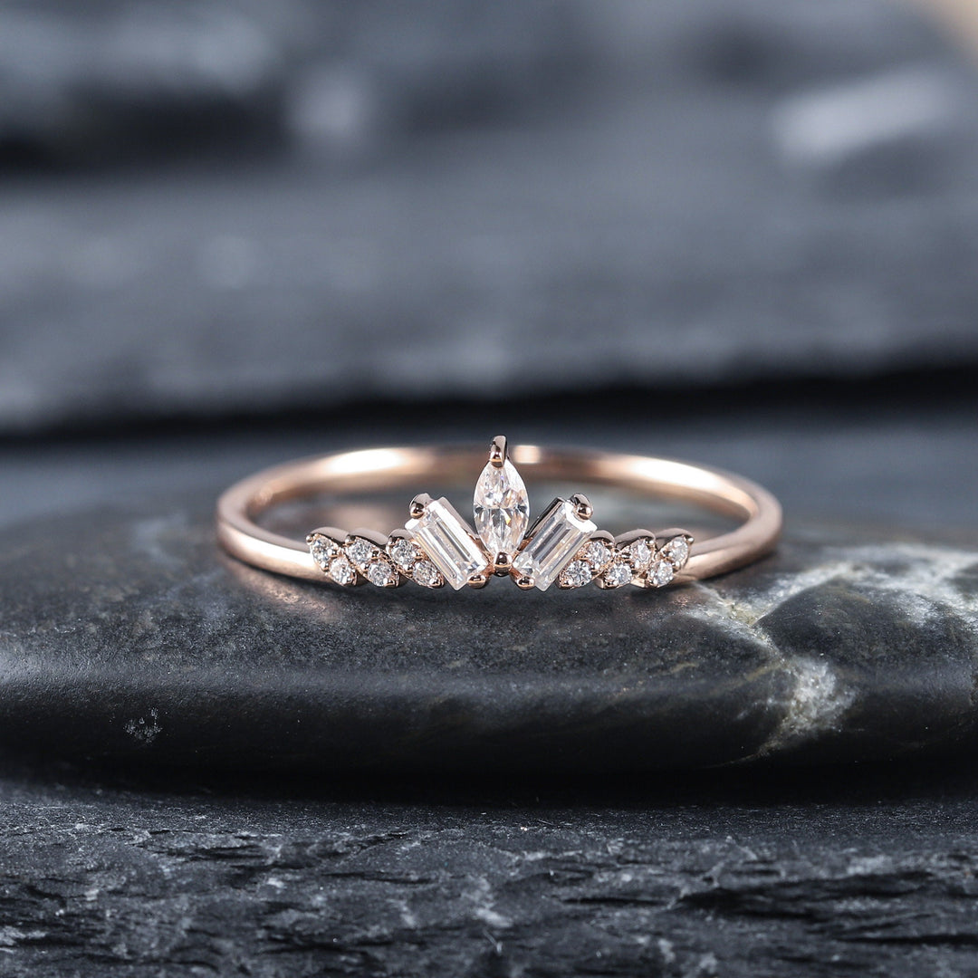 Unique Marquise Moissanite Cluster Wedding Band Baguette Cut Engagement Promise Matching Band Stackable White Gold Anniversary Ring Enhancer - ShainJewelry