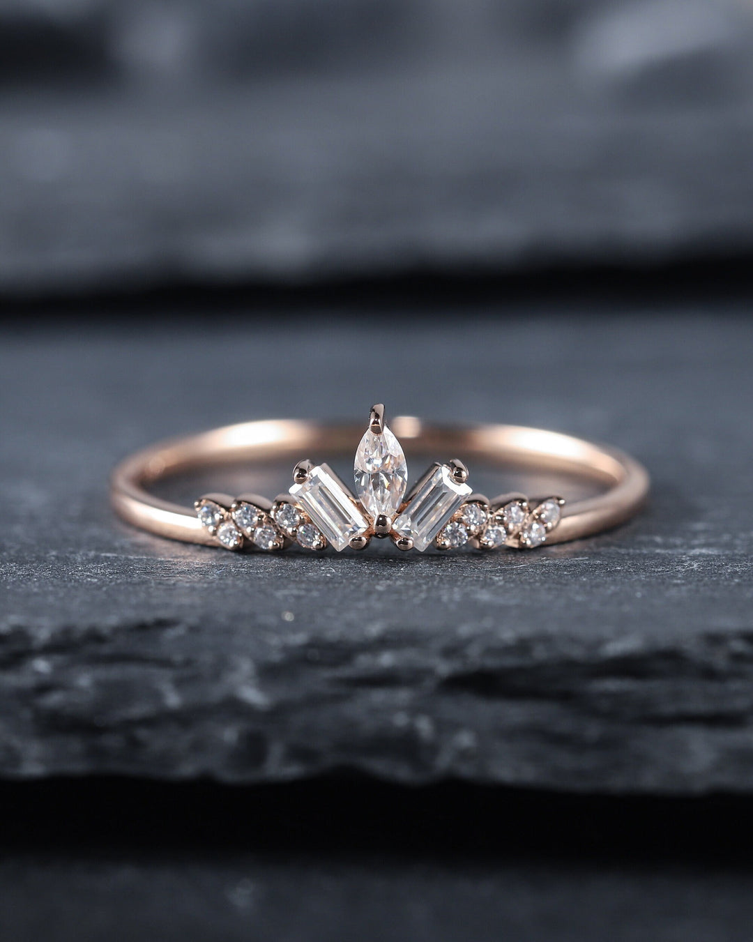 Unique Marquise Moissanite Cluster Wedding Band Baguette Cut Engagement Promise Matching Band Stackable White Gold Anniversary Ring Enhancer - ShainJewelry