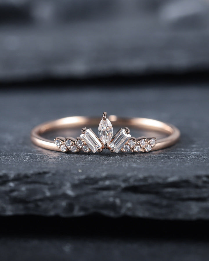 Unique Marquise Moissanite Cluster Wedding Band Baguette Cut Engagement Promise Matching Band Stackable White Gold Anniversary Ring Enhancer - ShainJewelry