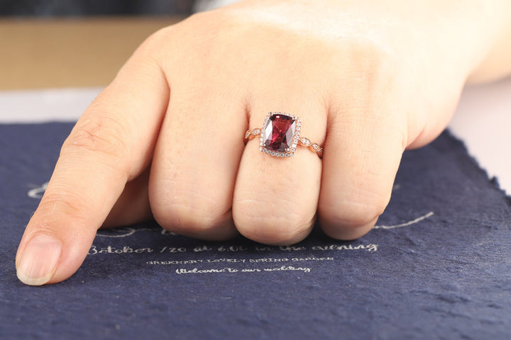 Vintage Natural Rhodolite Garnet Engagement Ring, Unique Red Garnet Wedding Ring, Art Deco Cushion Cut Garnet Halo Promise Ring Gift for Her - ShainJewelry