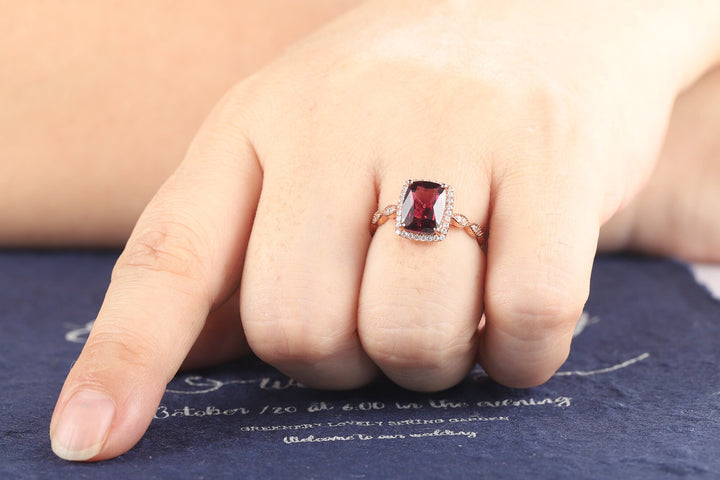 Vintage Natural Rhodolite Garnet Engagement Ring, Unique Red Garnet Wedding Ring, Art Deco Cushion Cut Garnet Halo Promise Ring Gift for Her - ShainJewelry