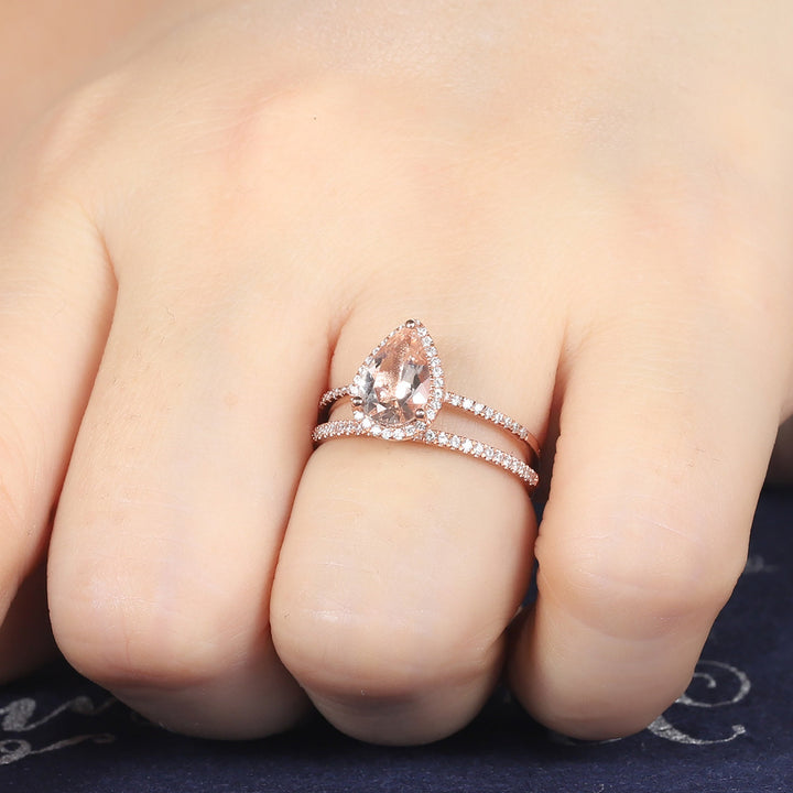 Vintage Pear Shaped Peach Morganite Engagement Ring Set Teardrop Pink Morganite Wedding Set 14K Rose Gold Bridal Set Halo Stack Promise Ring - ShainJewelry