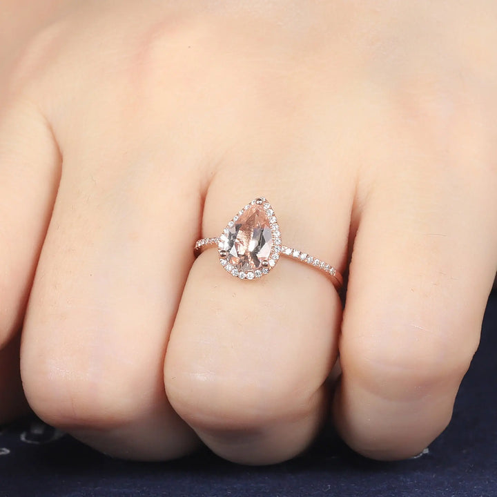 Vintage Pear Cut Peach Morganite Diamond Engagement Ring, Teardrop Pink Morganite Wedding Ring, 14K Rose Gold Morganite Halo Promise Ring, - ShainJewelry
