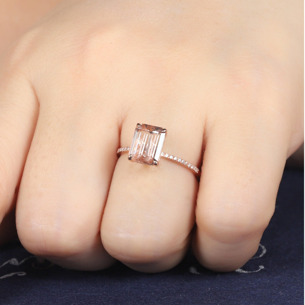 Vintage Peach Morganite Engagement Ring, 2 Ct Emerald Cut Pink Morganite Wedding Ring, 14K Rose Gold Anniversary Promise Ring Gift for Women - ShainJewelry